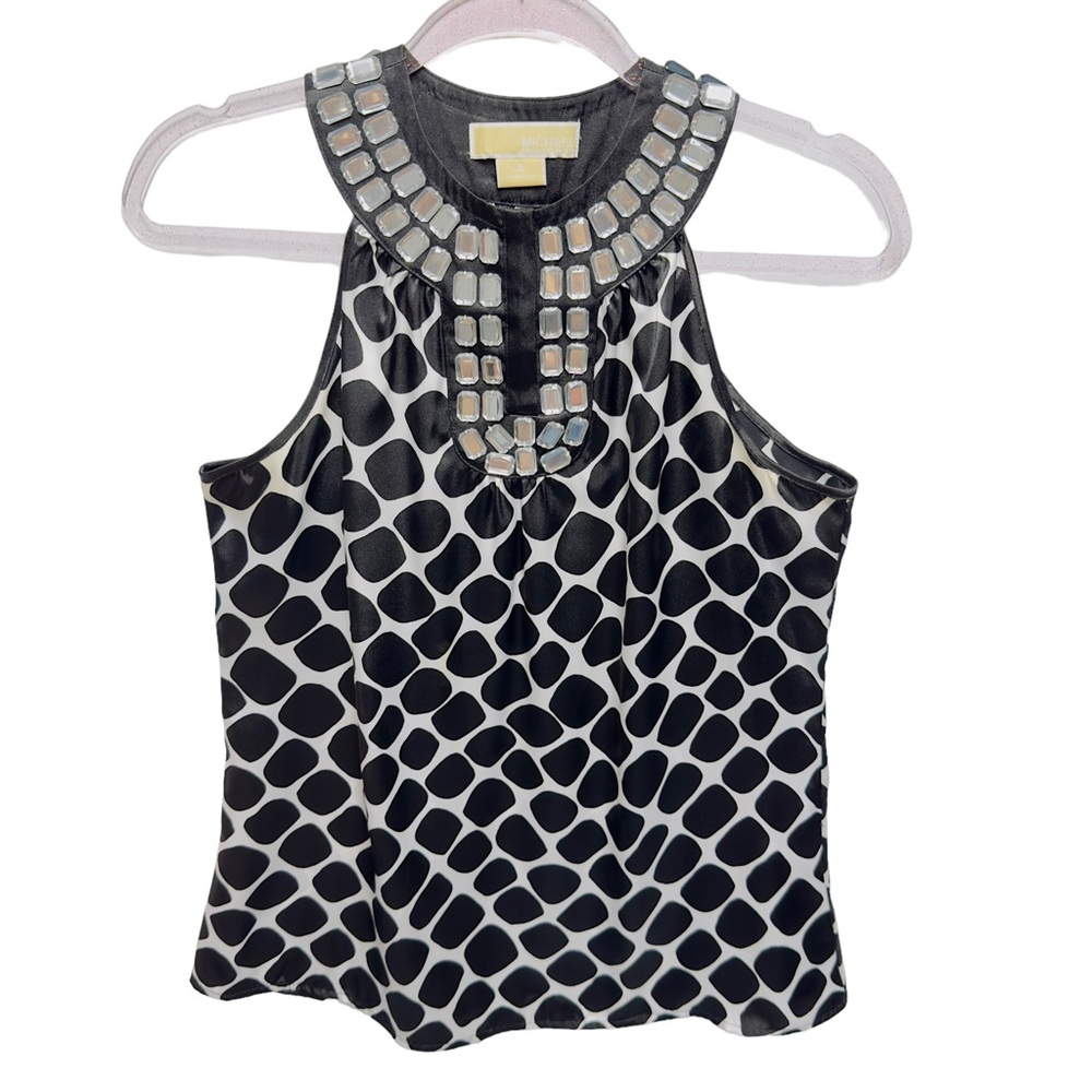 Tuxedo Satin Knit Polka Dots Crystal Embellished Halter Top Blouse